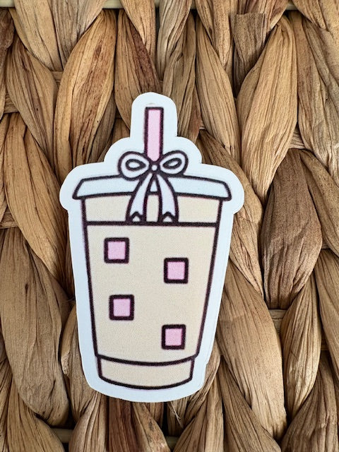 Iced coffee with pink bow