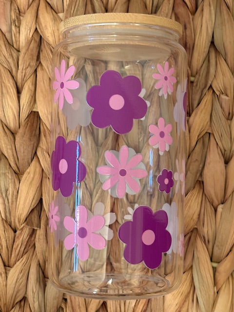 Purple Flower 16oz Glass Cup