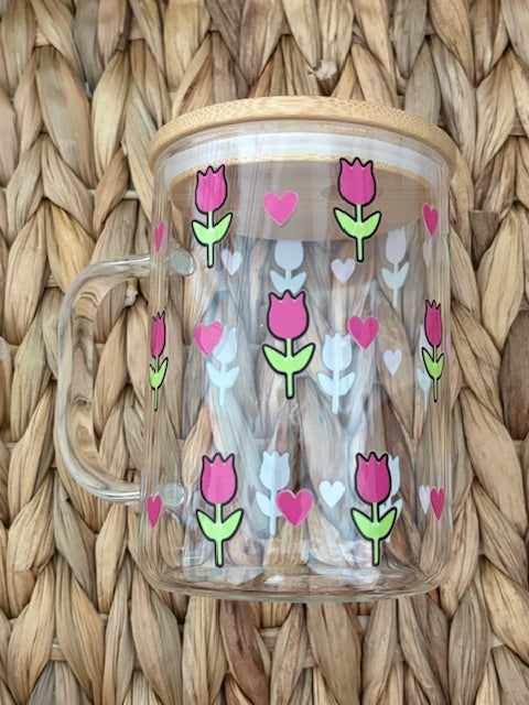 Tulips & Hearts 15oz Clear Glass Mug